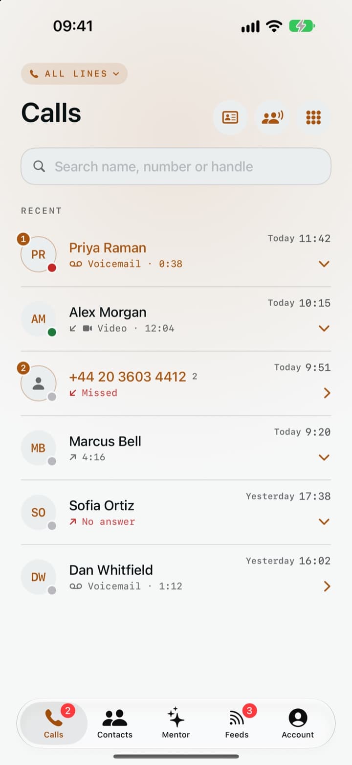 The Calls tab with recent calls and voicemail