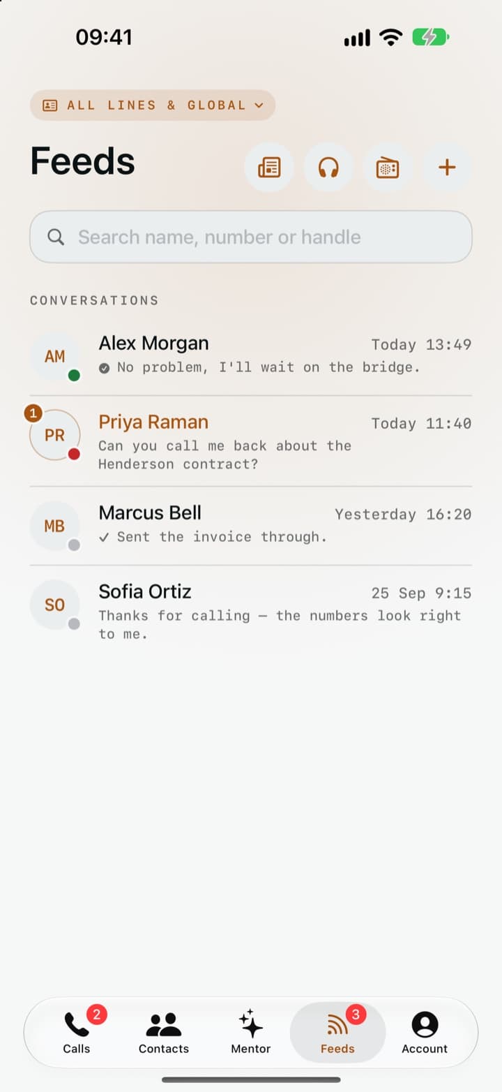 The Feeds tab with recent conversations